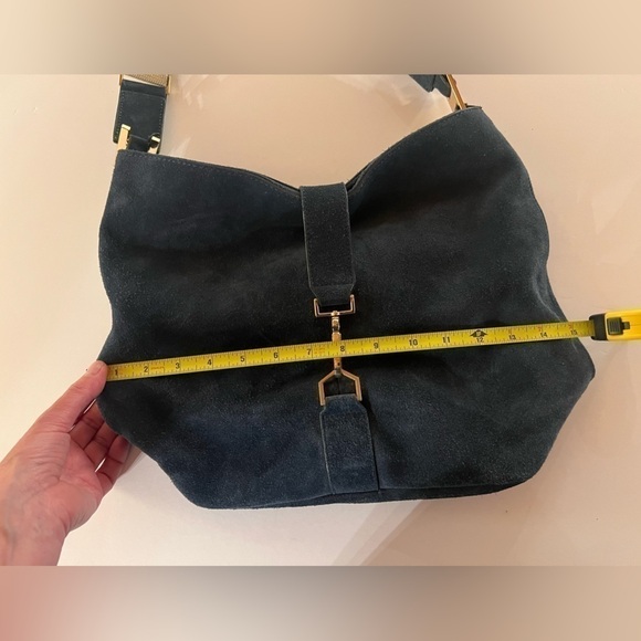 INDIA HICKS Edwina Hobo Slate blue suede soft bag designer retro - Picture 12 of 14